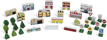 Melissa & Doug Wooden Town Play Set with Storage Tray (32 pcs) Pretend Play Wooden Town Set for Kids with Storage
