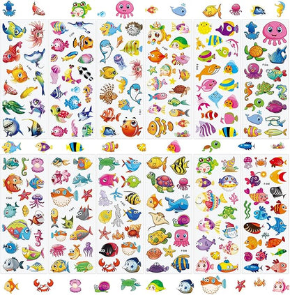 36 Sheets Underwater Stickers for Kids - 900+ 3D Puffy Sea Animal Stickers | Fish, Dolphin, Shark, Octopus, Turtle | Reusable, Waterproof | Crafts, Scrapbooking, Party Favors