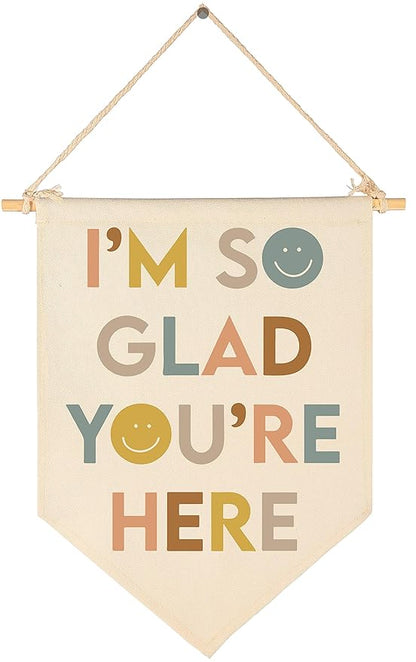 I'm So Glad You're Here-Classroom Decor-Teacher Gifts-Inspirational Classroom Decor-Welcome Poster-Canvas Hanging Pennant Flag Banner Wall Sign-Positive Affirmation Motivational Quote