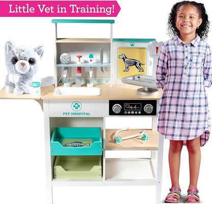 Vet Center Pretend Pet Hospital Playset- Wooden Animal Interactive Medical Checkup Set with Toy Cat, X-Ray Cards Stethoscope & Veterinarian Medical Accessories, Fun Doctor Role Play Xmas Gift for Kids
