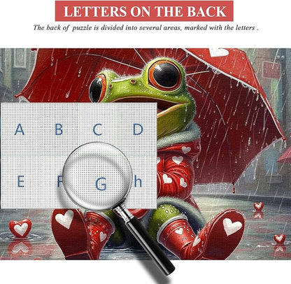 Cute Frog Puzzles for Adults 1000 Pieces, PICKFORU Happy Rain Fun Jigsaw Puzzle Umbrella, Challenging Colorful Love Hearts Theme as Art Decor