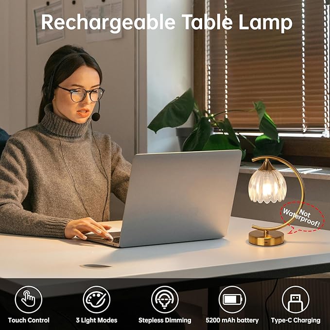 Cordless Table Lamp with 5200mAh Battery & Touch Control - 3 Adjustable Color Temperatures Bulb, Rechargeable Small Table Lamps for Living Room, Bedroom, Desk, Bedside (Transparent Tulip)