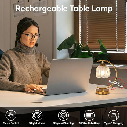Cordless Table Lamp with 5200mAh Battery & Touch Control - 3 Adjustable Color Temperatures Bulb, Rechargeable Small Table Lamps for Living Room, Bedroom, Desk, Bedside (Transparent Tulip)