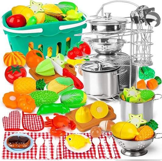 95PCS Kids Pretend Play Kitchen Toys Accessories, Kids Kitchen Playset, Stainless Steel Cookware Pots and Pans Cooking Toys, Pretend Cutting Play Food Set