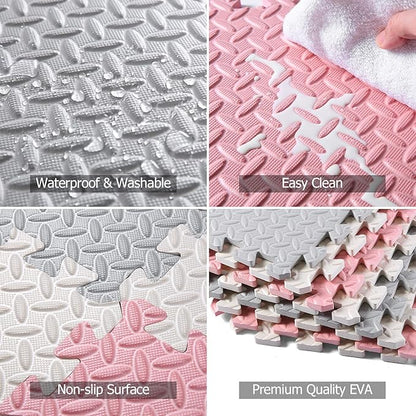 Foam Floor Mats for Kids, 12 x 12 Inch 16 Tiles 0.4" Thickness Foam Play Mat, Non-Toxic Square Interlocking Floor Mats Rubber Baby Play Mat for Toddlers(White/Gray/Lori Pink)
