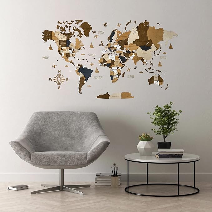 Wooden World Map 3D Art Large Wall Decor - Size (M & L & XL) Any Occasion Gift Idea - Wall Art For Home & Kitchen or Office (COFFEE, 63,00" x 33,46")