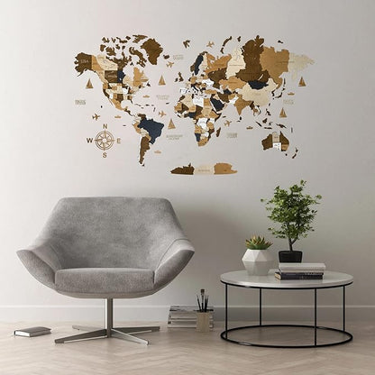 Wooden World Map 3D Art Large Wall Decor - Size (M & L & XL) Any Occasion Gift Idea - Wall Art For Home & Kitchen or Office (COFFEE, 63,00" x 33,46")