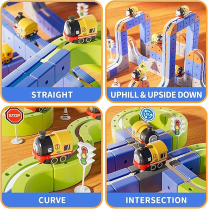Magnetic Track Car Toys, 55PCS Flexible Race Car Track Sets for Toddlers with Electric Train, Traffic Signs, Kids Train Set Toys for 3 4 5 6 7 8 Year Old Boys Girls Birthday Party Gifts-Small