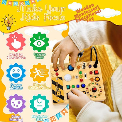 RichBoy Busy Board Toddler Toys Montessori Toys for 1-3 Year Old Boy Girl Birthday Gift for Grandkids, 37 in 1 LED Light Up Sensory Wooden Montessori Switch Board Toy - Learn and Travel (6.7" x 5.3")