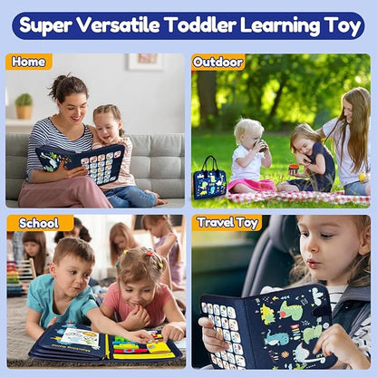 Qizfun Busy Board Montessori Toy for Toddlers, Educational Sensory Learning Toy for Fine Motor Skills, Preschool Travel Toy for Airplane & Car, Gifts for Boys and Girls (Blue/P8)