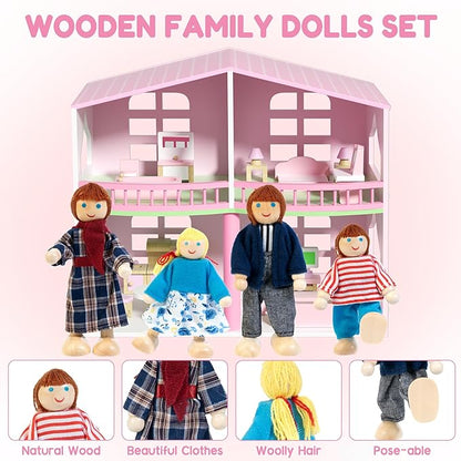 26pcs Wooden Dollhouse Furniture Set with 4 Family Dolls, Pink Dollhouse Accessories for 4 Rooms, Pretend Play Furniture Toy, Birthday Gift for Girls Boys Age 3 4 5 6 Years Old