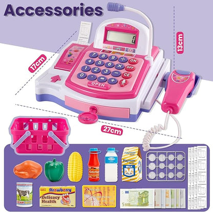 BUYGER Kids Cash Register Toy with Scanner, Receipt Printer, Microphone, Shopping Play Food - Pretend Role Play Birthday for Toddler Kids Boys Girls Ages 3 4-8+ Years Olds