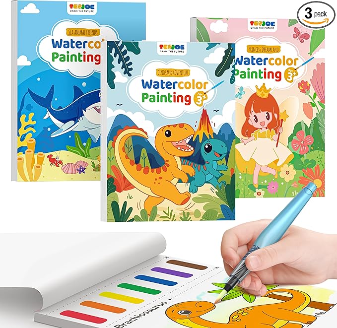 TECJOE 3 Pack Paint with Water Coloring Books for Toddlers, Watercolor Paint Set with 6 Brushes, Painting Activity for Kids Ages 4 5 6 7 8, Christmas Gift Arts & Crafts Toy, Princess, Dinosaur & Sea