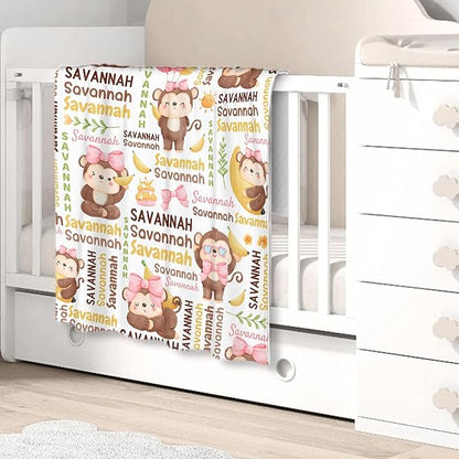 Personalized Baby Blanket for Girls Boys Kids Monkey Custom Baby Blanket with Name Throw Birthday Gift for Toddlers Infants Shower Newborns Nursery Stroller Crib Bed Decor