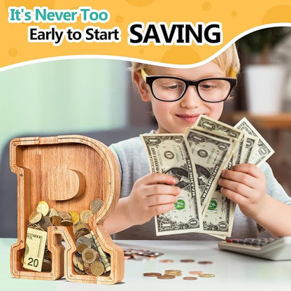 SummiDate Wooden Letter Piggy Bank| Piggy Bank for Boys Girls Toddler| Alphabet R Money Bank| Coin Bank Birthday Gift for Kids|Birthday Gift for Kids (R)