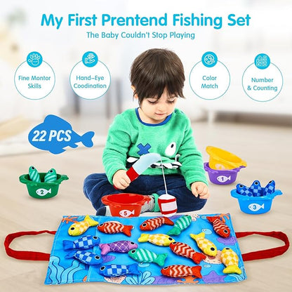 Toddler Toys Montessori Toys for 1 Year Old Boy Girl Birthday Gift- Cloth Fishing Game for Toddler 1-3 with Stacking Cups- Number Counting, Color Sorting, Shape Learning