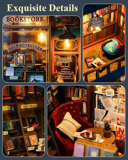 Book Nook Kit Soul Bookstore, DIY Wooden Booknooks Kit for Adults Women Teens, Bookshelf Diorama Miniature Scenes Insert Decor with LED Light, Miniature House Kit Bookstore Model Gifts