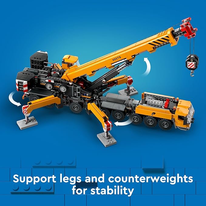 LEGO City Yellow Mobile Construction Crane Toy Set for Boys and Girls, Long Extendable Boom and 4 Worker Minifigures Included for Imaginative Role Play, Construction Toy Birthday Gift for Kids, 60409