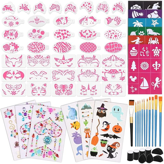 72PCS Face Painting Stencils Kit for Kids & Adults - Reusable Face Paint Templates with 10 Brushes, Makeup Sponge, Glitter Gems & Tattoo Stickers for Halloween, Christmas, Festival Party