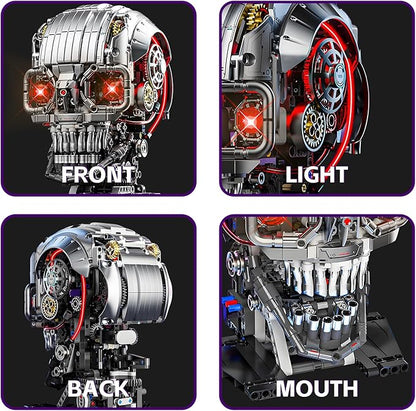 Mechanical Skull Building Block Set 1099+ Pieces 3D Poseable Model with Mandibular Teeth Bite Drive for STEM Toys for Kids & Adults Perfect for Horror Fans & Gothic Room Decor