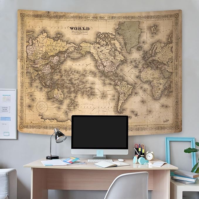 GOAOK Retro Old World Map Tapestry, Vintage Map Asian Northern European Topography Earth Educational Tapestry for Classroom, Brown Adventure Travel World Map Office Tapestry Wall Art 80"X60"