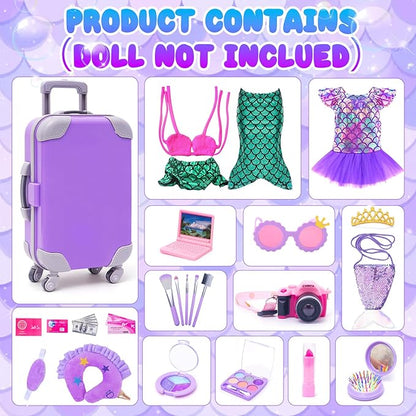 American 18 Inch Doll Makeup Accessories and Travel Set Mermaid, Including Purple Suitcase Luggage Dress Eye Shadow Lipstick Eyelash Brush Dolls Travel Gear Play Set Gift for Birthday (NO Doll)