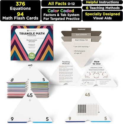 Think Tank Scholar Triangle Multiplication & Division Flash Cards Set (376 Math Equations), All Facts 0-12 - Color Coded, for Kids in 3RD, 4TH, 5TH & 6TH Grade - Has Three Corners