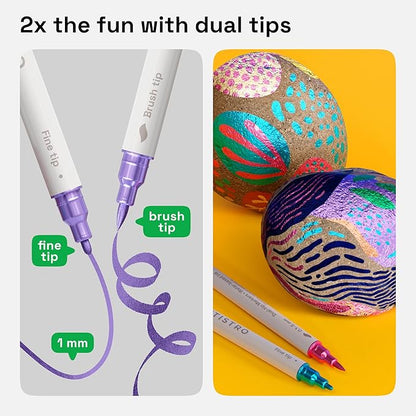 ARTISTRO 24 Metallic Dual Tip Brush + Fine Acrylic Paint Pens Ideal for Calligraphy - Paint Markers for Fabric, Rock, Glass, DIY - Stocking Stuffers, Christmas Gift Idea for Teens, Grandkids, Kids