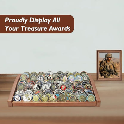 12 Rows Solid Wood Military Challenge Coin Display Stand Holds 90-100 Coins Army Coin Holder Display Police Coin Rack for Countertop, Walnut