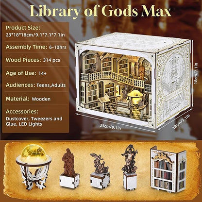 DIY Book Nook Kit for Adults, 3D Wooden Puzzle Bookend Bookshelf Insert Decor with LED Light and Dust Cover (Library of Gods Max)