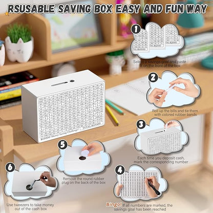 Wooden Money Saving Box, Cash Savings Box for $10000 $5000 $3000 $1000 $800 $500 Target Money Saving Challenge, Money Box with Counter/Dry Erase Pen/Savings Trackers/Rubber Band -White