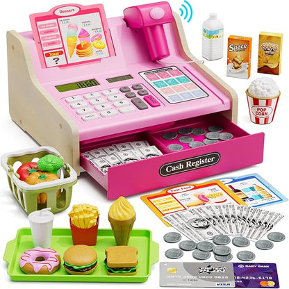 Wooden Cash Register for Kids with Real Calculator, Rechargeable Cash Register Toy with Scanner/Play Money/Food/Credit Card/Menu, Pretend Play Toys Gifts for Boys Girls Ages 3-8,Color