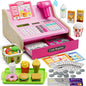 Wooden Cash Register for Kids with Real Calculator, Rechargeable Cash Register Toy with Scanner/Play Money/Food/Credit Card/Menu, Pretend Play Toys Gifts for Boys Girls Ages 3-8,Color
