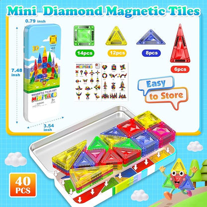 Mini Diamond Texture Magnetic Tiles with Iron Box, 40 PCS Travel Magnetic Tiles, STEM Educational Building Set Construction Toys for Kids Ages 3+, Portable Building Toys for Toddlers, Boys & Girls