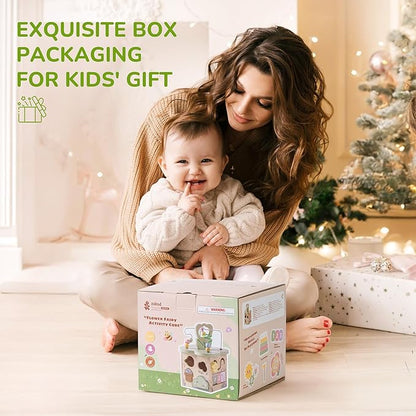 ROBUD Wooden Activity Cube, Educational Wooden Toys with 7 Functional Areas, Montessori Toys for 1+ Year Old Boys & Girls, Flower Bush Theme