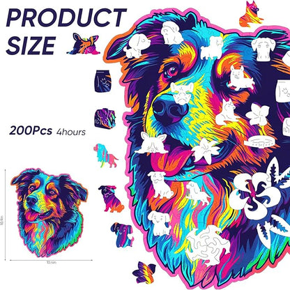Australian Shepherd Dogs Wooden Puzzle Stained Colorful (9.7 * 11.2in-200pcs) Art Painting Wooden Puzzle for Kids Adults, Birthday Mother's Father's Day Christmas for Dad Mom Son Daughter