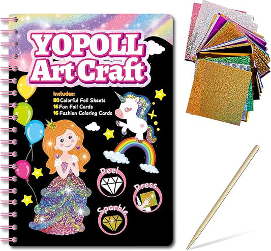 Fun & Mess-Free Foil Art Kit for Kids – 80 Foil Sheets & 32 Art Cards, No Glue Needed, Creative Craft Gift for Christmas Halloween Holiday Birthday（Princess Version）