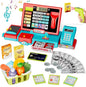 Cash Register Playset Toy for Kids, Real Calculator Register, Pretend Play Store with Music, Scanner, Play Money, Food, Preschool Learning Toy Playset Gift (Blue Red)