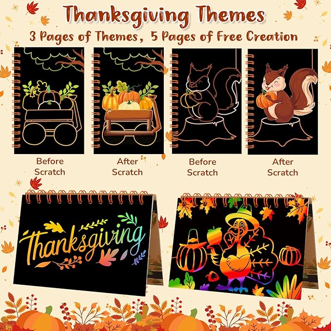 24 Pack Thanksgiving Scratch Art Party Favors for Kids - Rainbow Scratch Paper with Fall Party Scratch Off Cards Pumpkin Birthday Goodie Bag Stuffers - Return Gifts DIY Classroom Prize
