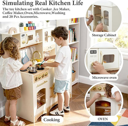 Wooden Play Kitchen for Kids and Toddlers with Realistic ICE Maker & Sounds,Toy Kitchen Set with 20 Accessories, Interactive Learning Toy for Pretend Play, Gift for Girls & Boys(Ages 3+)