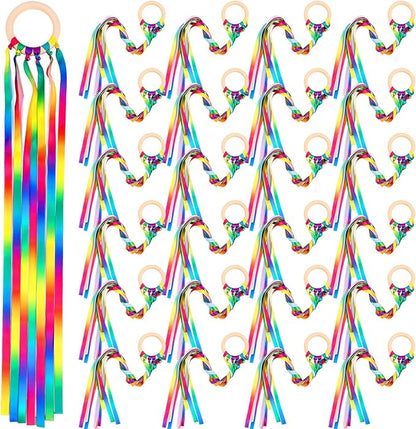 Junkin Ribbon Rings Hand Kite Waldorf Toys Dancing Wrist Ribbons Rainbow Streamers with Wood Ring Educational Toy for Playroom Dancing Birthday Party Gift(Gradient,24 Pcs)