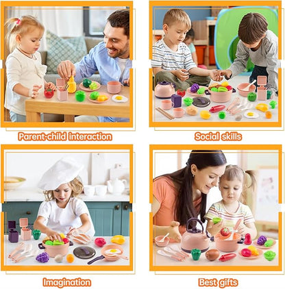 56Pcs Mini Play Kitchen Accessories for Kids, Pretend Cooking Playset with Cookware, Tableware & 2 Fruit Sets, Learning Gift for Girls, Boys, Toddlers, Pink