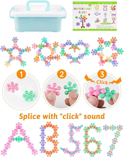 200PCS Interlocking Snowflake Building Block Toy for Kids Ages 3+, Plastic Early Learning Creativity Educational STEM Toy with Carrying Case Safe Material (Macaron Colors)