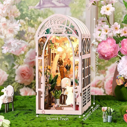 DIY Book Nook Kit, Miniature Bookshelf Decor with LED Lights, Laser-Cut Wooden Craft Set for Adults, Creative Gift for Christmas, Birthday, Greenhouse Flower Room