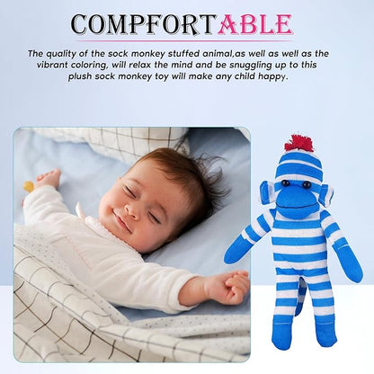 Adorable Sock Monkey, The Original Traditional Hand Knitted Stuffed Animal Toy Gift-for Kids, Babies, Teens, Girls and Boys Baby Doll Present Puppet (16" Blue)
