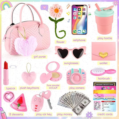 Play Purse for Little Girls Toddler, 35PCS Toddler Purse with Pretend Makeup for Kids, Girl Toys Princess Toy Includes Handbag, Phone, Kids Toy Purse Christmas Birthday Gift for Girls 3 4 5 6 7 8+