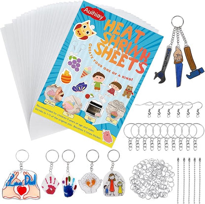 Auihiay 145 Pieces Shrink Plastic Sheet Kit Include 20 PCS Shrinky Paper with 125 PCS Keychains Accessories for Kids Creative Craft, Easter Mother Day Ornament