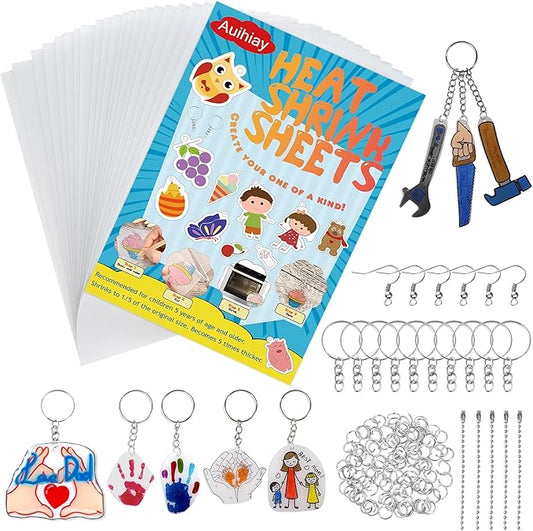 Auihiay 145 Pieces Shrink Plastic Sheet Kit Include 20 PCS Shrinky Paper with 125 PCS Keychains Accessories for Kids Creative Craft, Easter Mother Day Ornament