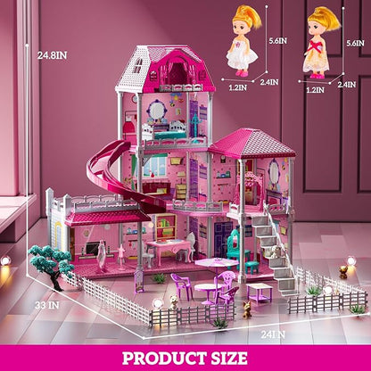 Girl House Toys for Girls 4-8, 3 Storey 6 Rooms Indoor Playset with Doll, Furniture and Accessories, Pretend Toddler Toy, Birthday Gifts for Girl Age 3-5 4-6 6-12