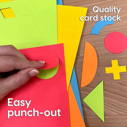 ARTshapes 840 pc Creative Paper Shapes Pack with 70+ Idea Guide - US Made Card Stock - Punch Out Funky DIY Craft Supplies for Whimsical Art Designs, Paper Crafts, and Pattern Play 5 Bright Colors